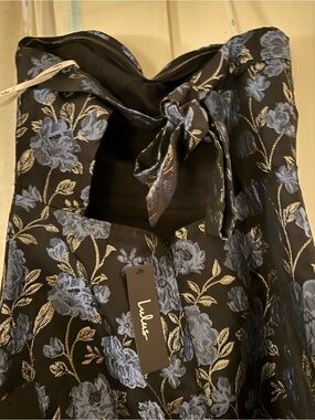 Lulu's Black Strapless Floral Jacquard Dress with Blue and Gold Accents